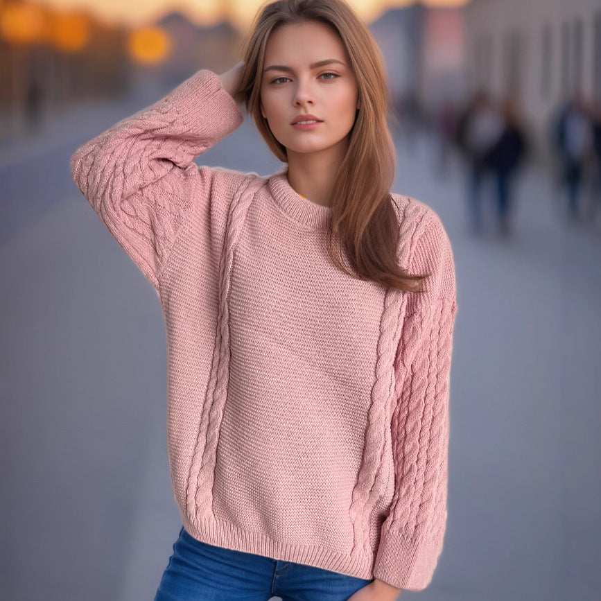 Damen Grobstrickpullover Zopf-Design Voluminöse Ärmel Eveloria