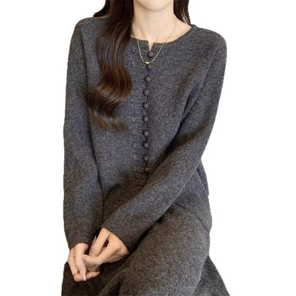 Damen Strickensemble Klassisches Knopfdesign Fließender Rock Eveloria