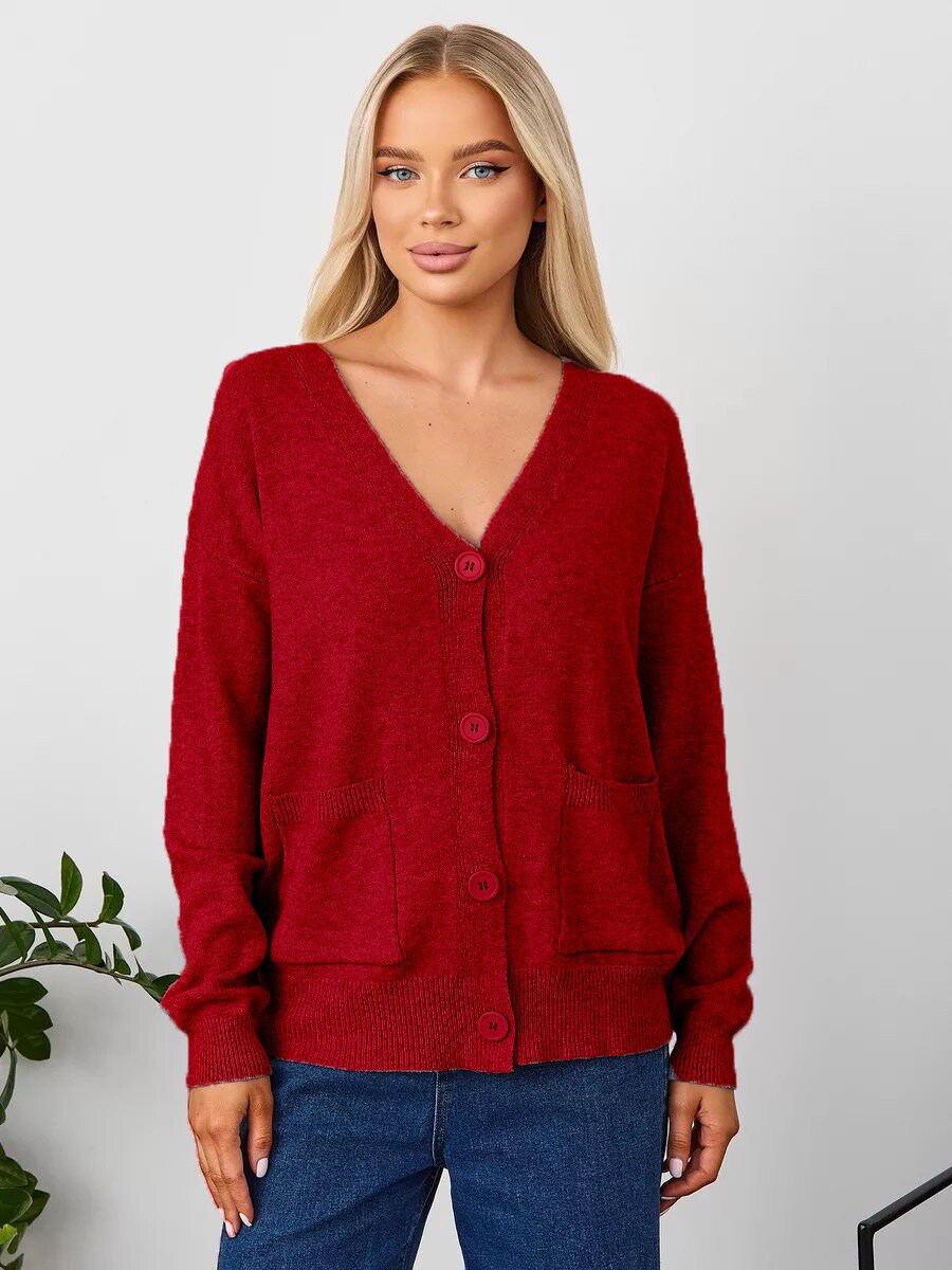 Damen Cardigan Grobstrick V-Ausschnitt mit Taschen Beige