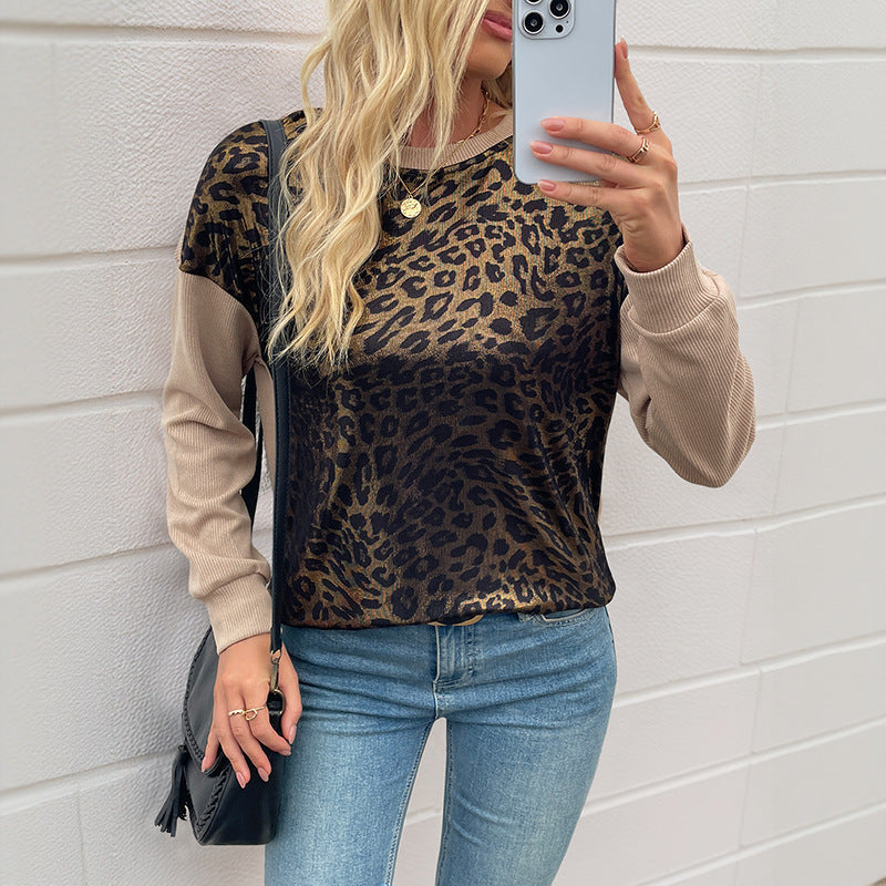 Damen Sweatshirt Leopardenmuster Kontrast Ärmel