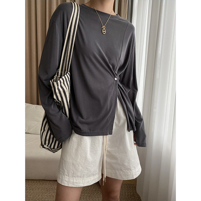 Damen Oberteil Langarm Asymmetrisch Knopfdetails Eveloria