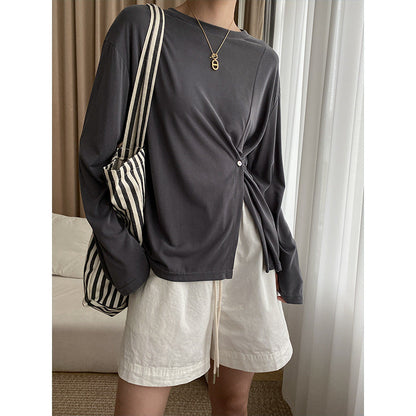 Damen Oberteil Langarm Asymmetrisch Knopfdetails Eveloria