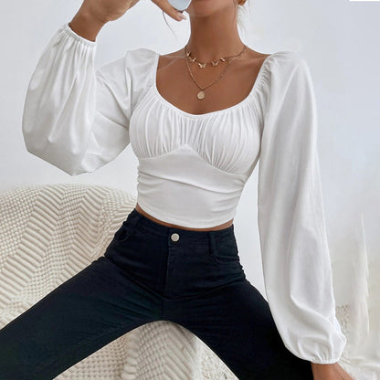 Damen Cropped Oberteil Puffärmel Figurbetonter Schnitt
