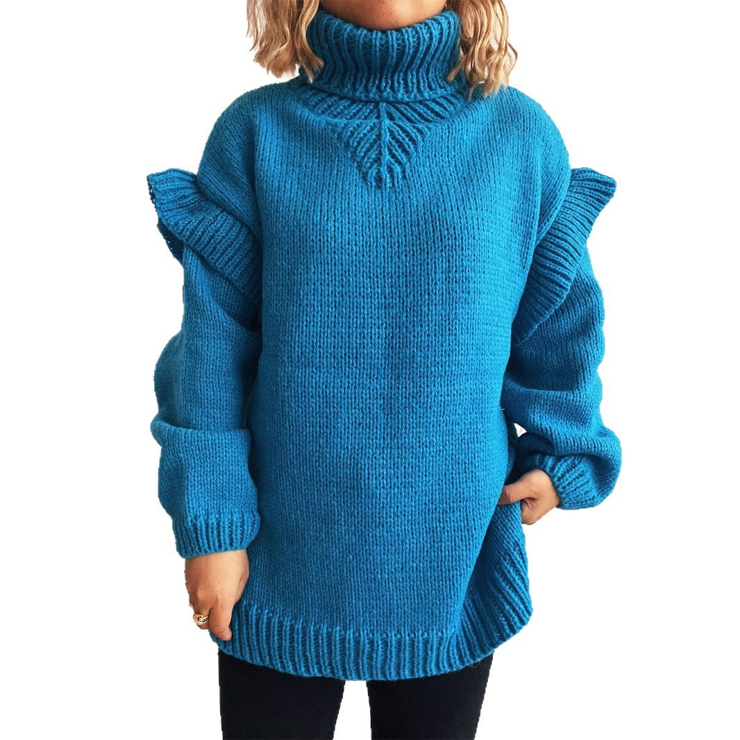 Damen Strickpullover Hohler Kragen Rüschen-Details Eveloria