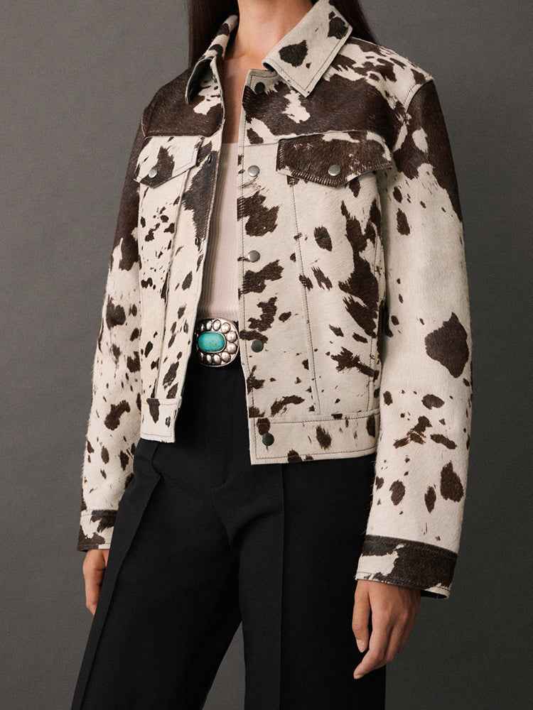Damen Kuhfleck-Jacke Reverskragen Druckknöpfe Braun