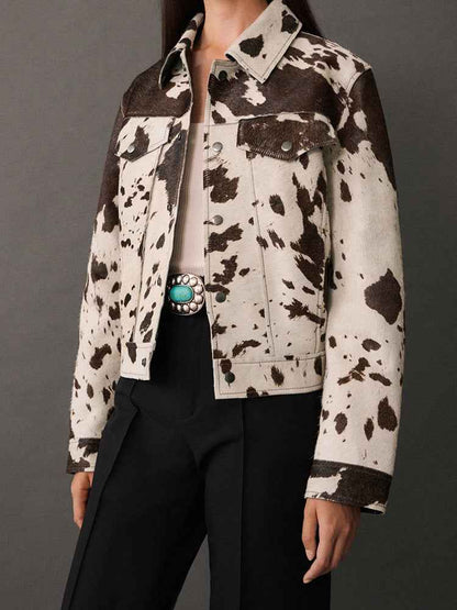 Damen Kuhfleck-Jacke Reverskragen Druckknöpfe Braun