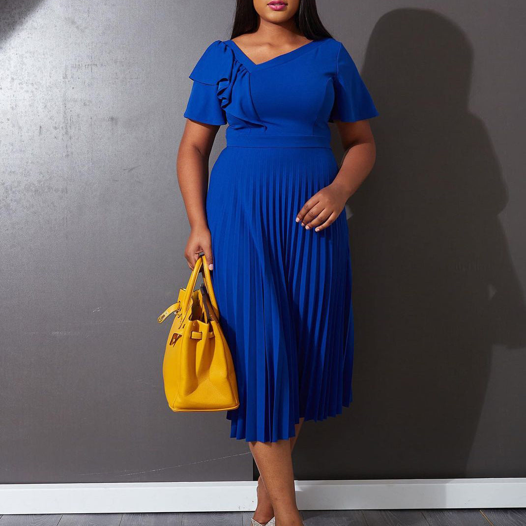 Damen Plisseekleid V-Ausschnitt Rüschen Elegant Eveloria
