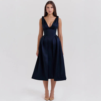 Damen Midikleid V-Ausschnitt Elegant Falten Eveloria