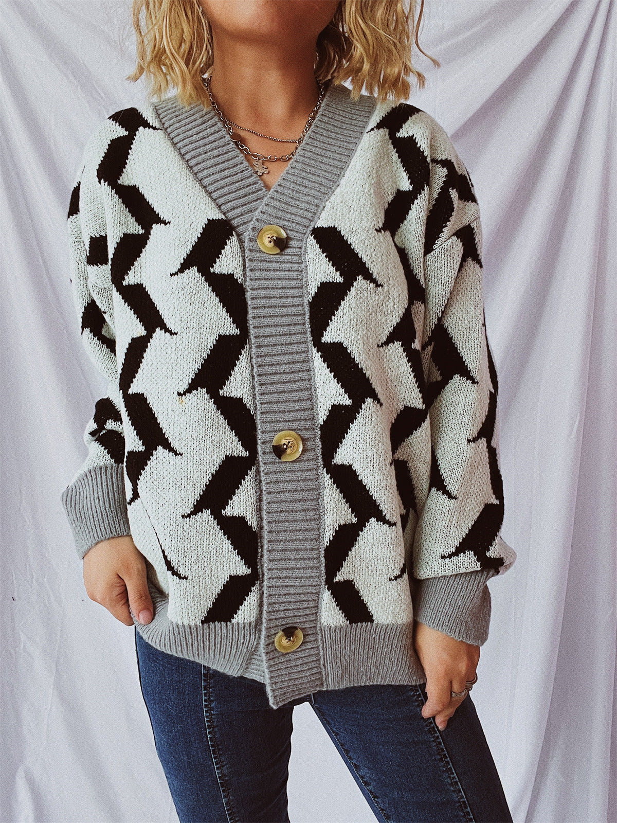 Eveloria Damen Strickjacke Geometrisches Muster Elegante Knöpfe