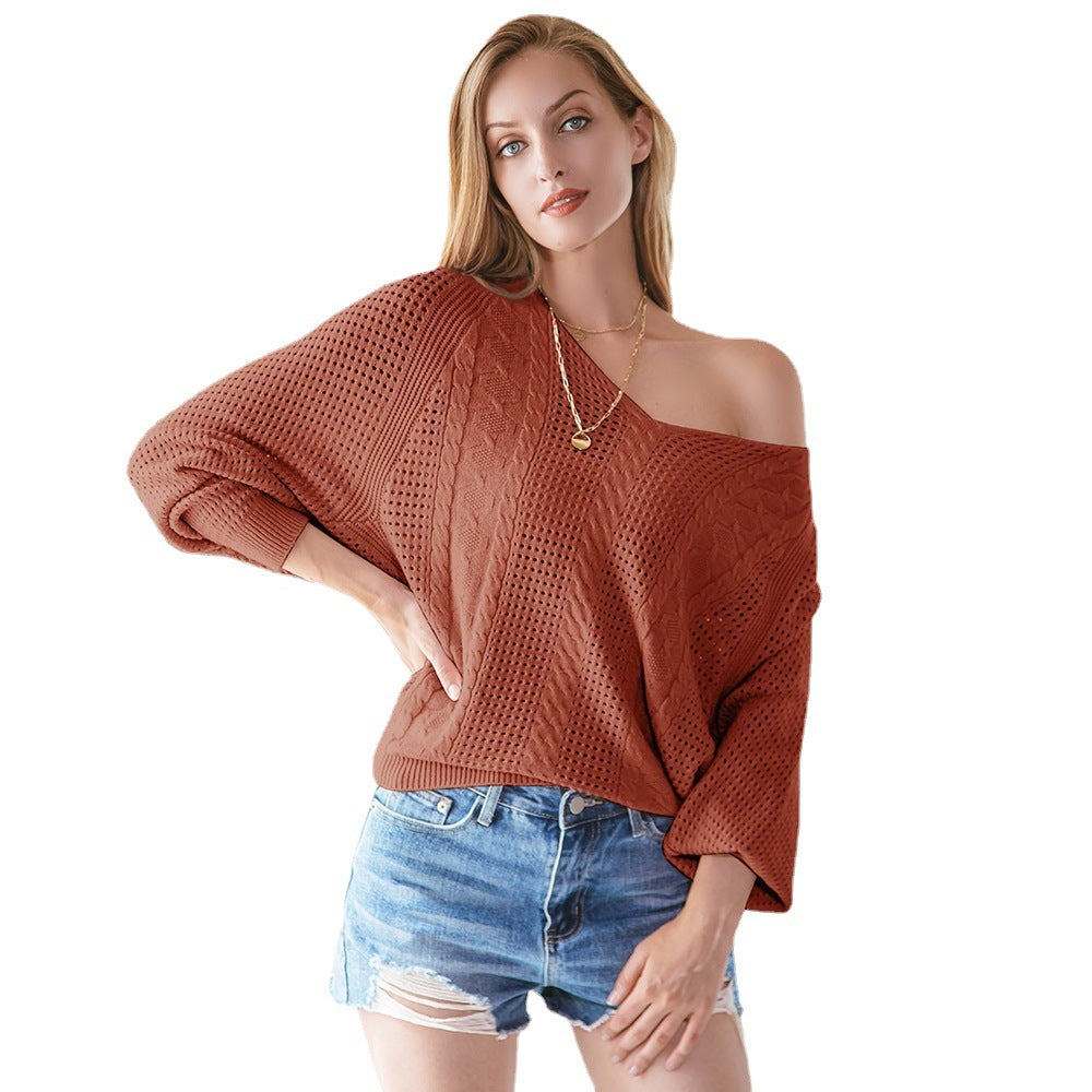 Damen Off-Shoulder Pullover Grobstrick Struktur Beige