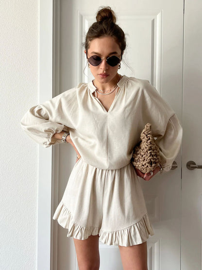 Damen Blusen-Shorts-Set mit Rüschendetails Weites Damen-Set
