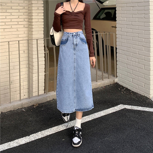 Damen Maxi Denimrock Hochtaillierter Bund Seitenschlitz Blau - Eveloria