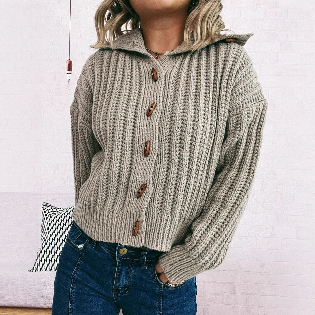 Damen Strickcardigan mit Knöpfen und Kapuze
