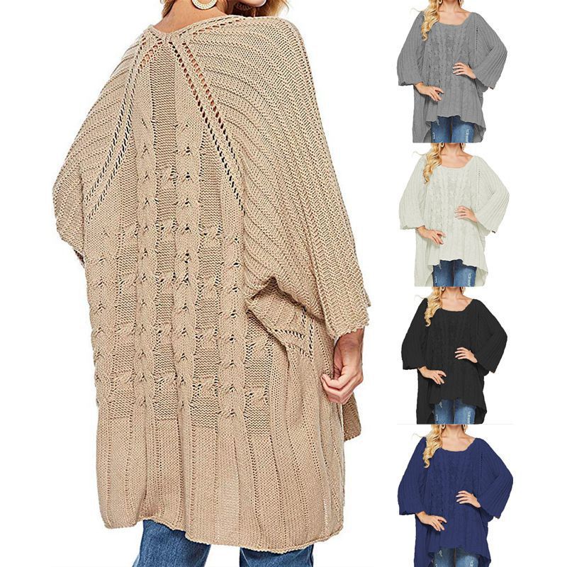 Damen Grobstrick-Poncho Zopfmuster Weite Ärmel Beige - Eveloria