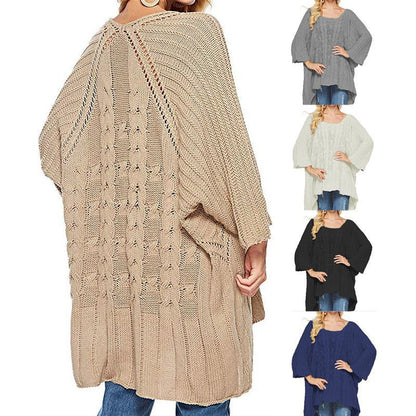 Damen Grobstrick-Poncho Zopfmuster Weite Ärmel Beige - Eveloria