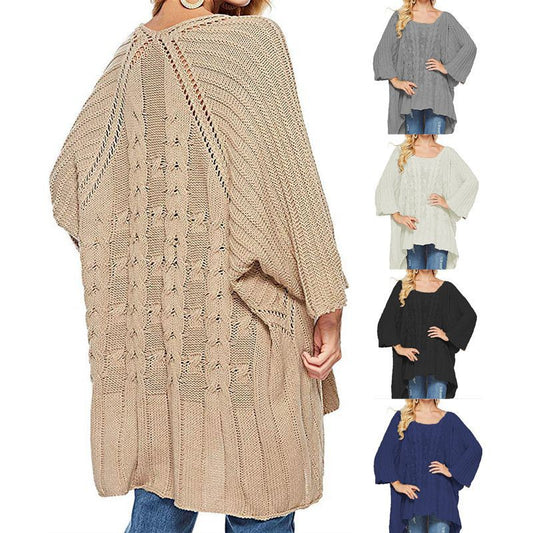 Damen Grobstrick-Poncho Zopfmuster Weite Ärmel Beige - Eveloria