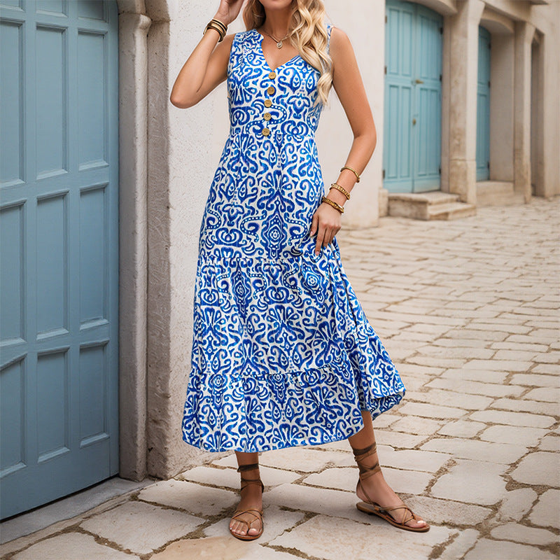 Damen Maxikleid Floralmuster Knöpfe Eveloria
