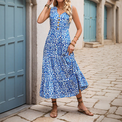 Damen Maxikleid Floralmuster Knöpfe Eveloria
