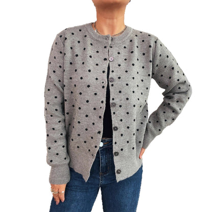 Damen Strickjacke Modern Punkte Knopfleiste Grau