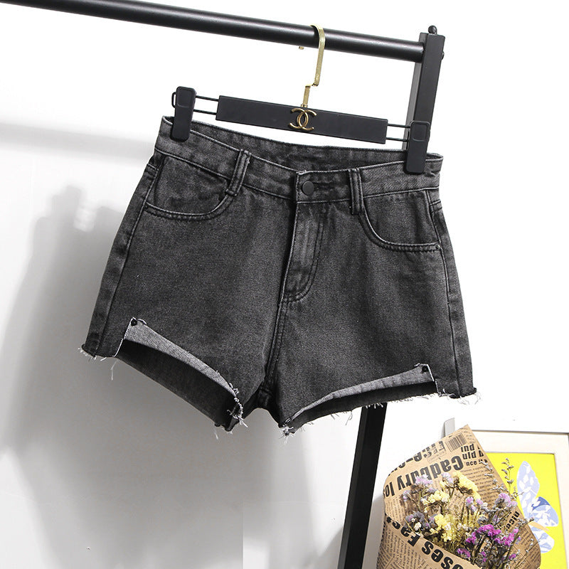 Damen Jeansshorts Hochbund Fransensaum Blau Eveloria