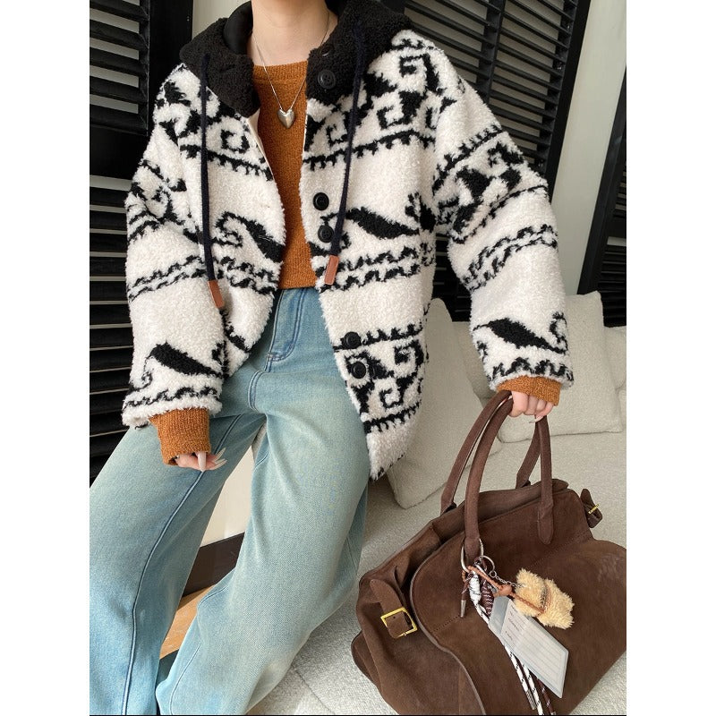 Damen Oversized-Jacke mit Grafikmuster und hochwertigen Details, - Eveloria