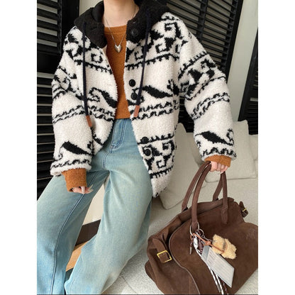 Damen Oversized-Jacke mit Grafikmuster und hochwertigen Details, - Eveloria