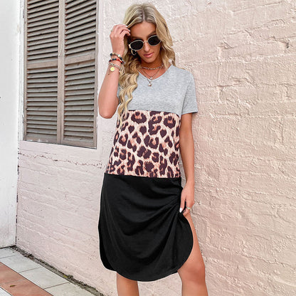 Damen Leoprint Kleid Kurzärmelig Hochschlitz