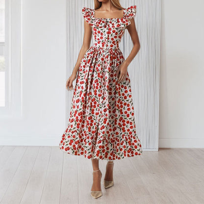 Damen Maxikleid Rüschen Floralmuster Eveloria