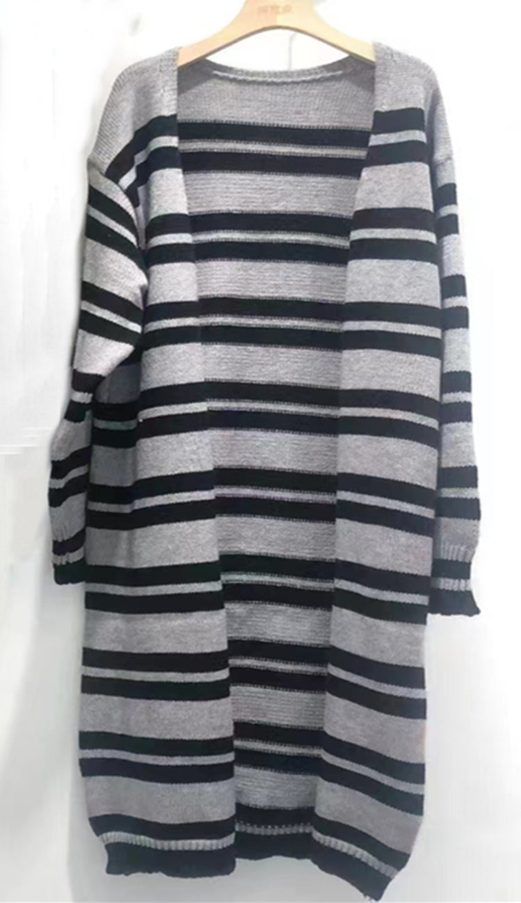 Damen Cardigan Grobstrick Breite Streifen Lässiger Schnitt Beige