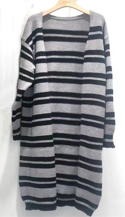 Damen Cardigan Grobstrick Breite Streifen Lässiger Schnitt Beige