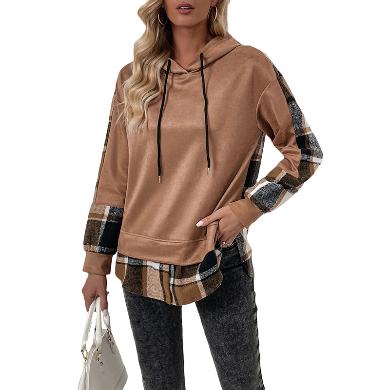 Damen Kapuzenpullover Kariert Patchwork Baumwolle