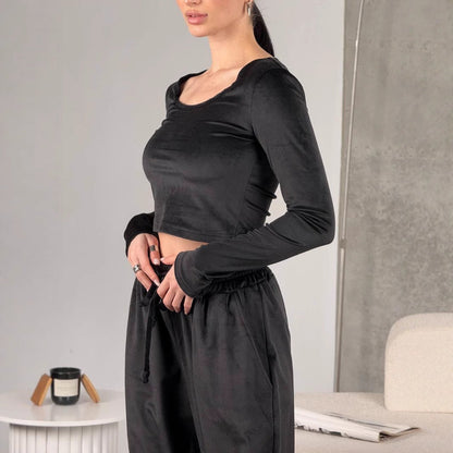 Damen Velourshose Cropped Oberteil Stilvoll Schwarz - Eveloria