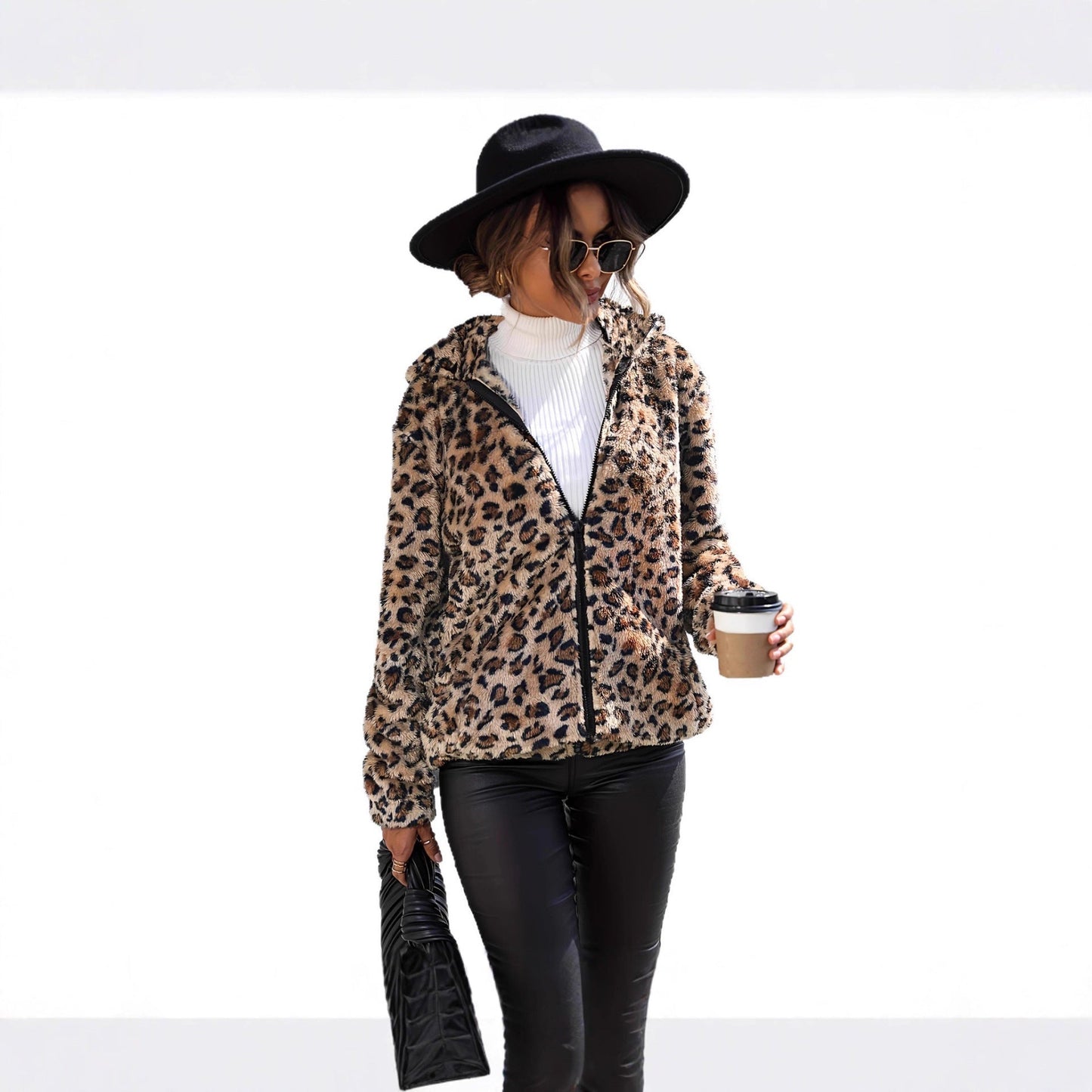Damen Fleecejacke Leopardenmuster Reißverschluss