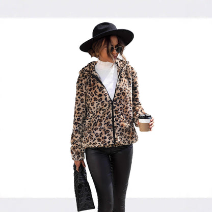 Damen Fleecejacke Leopardenmuster Reißverschluss
