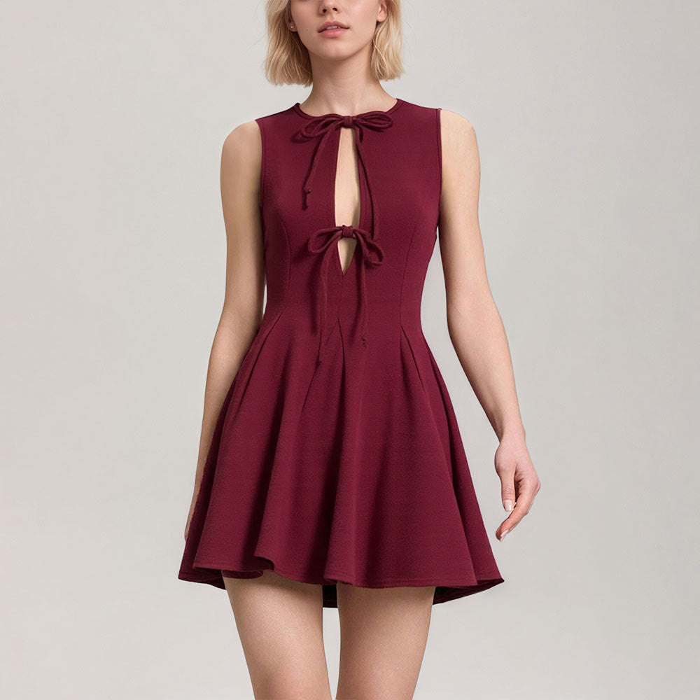 Damen Minikleid Tiefes Dekolleté Bindeband Schwarz - Eveloria