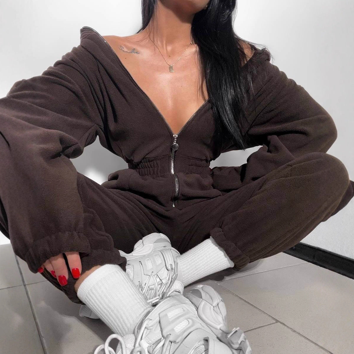 Damen Fleece-Overall mit Reißverschluss und Kapuze - Eveloria