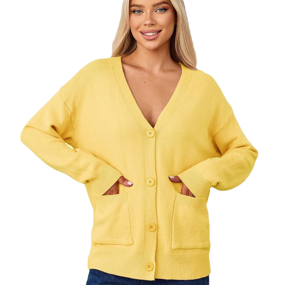 Damen Strickcardigan V-Ausschnitt Taschen Beige