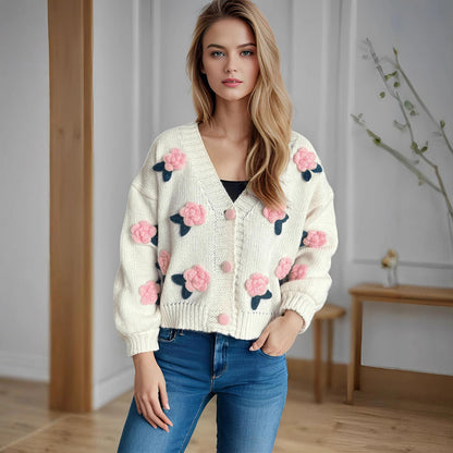 Damen Strickjacke Florales 3D-Design Große Knöpfe