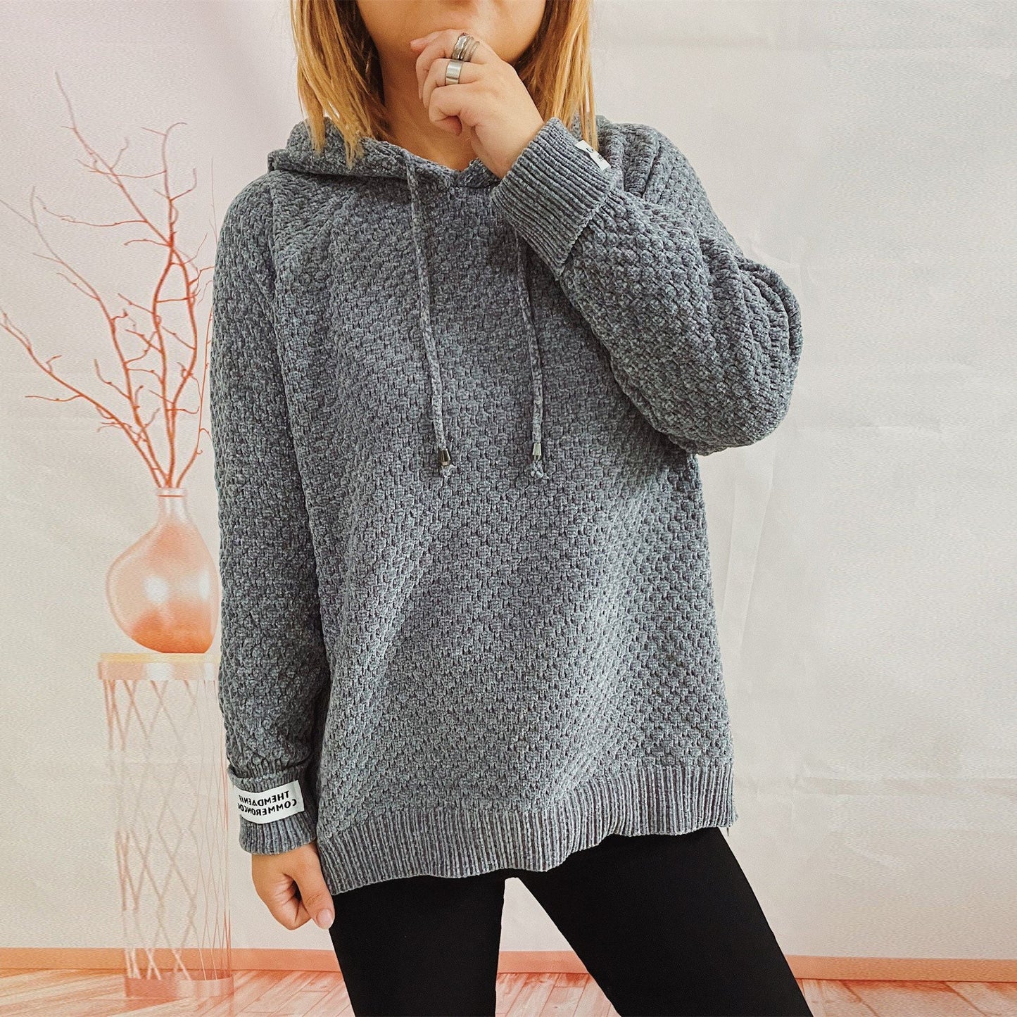 Damen Hoodie Strukturiertes Gewebe Mit Kordelzug Beige