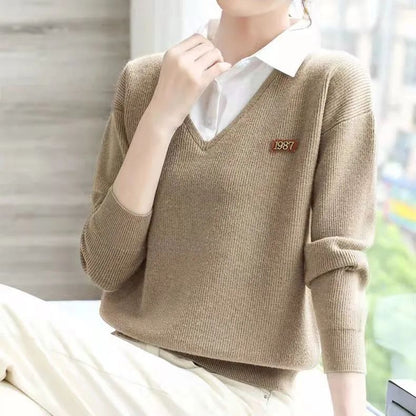 Damen Pullover V-Ausschnitt Hemdkragen Eveloria