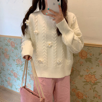 Damen Grobstrickpullover Blumenapplikationen Eveloria