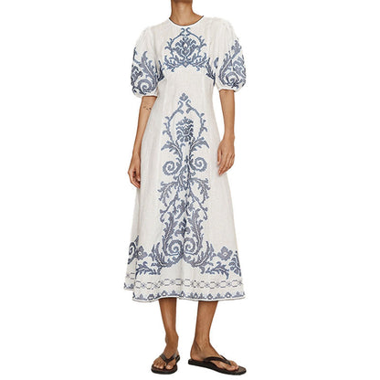 Damen Midikleid Stickmuster Voluminöse Ärmel Eveloria