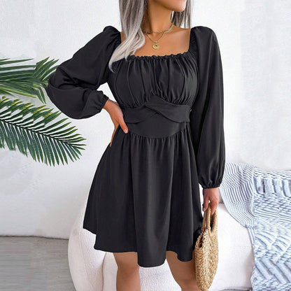 Damen Minikleid Gerafftes Oberteil Lange Puffärmel Eveloria