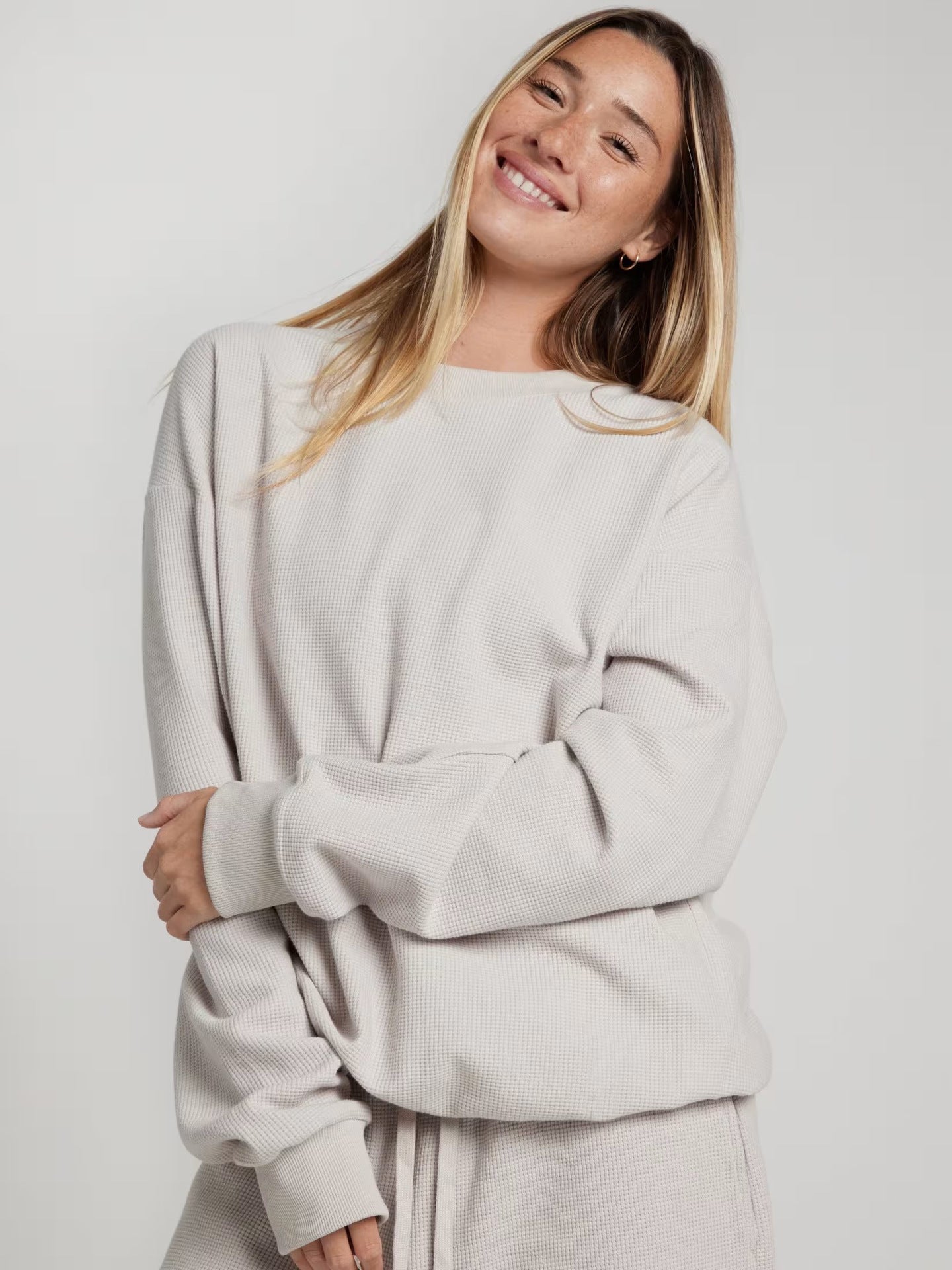 Damen Sweatshirt Waffelmuster Bequem Grau Eveloria