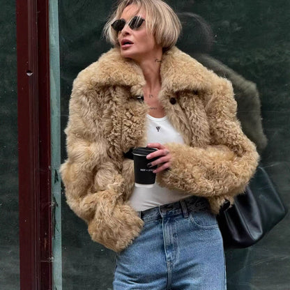 Damen Teddyjacke Kuschelig Knopfverschluss Beige Eveloria