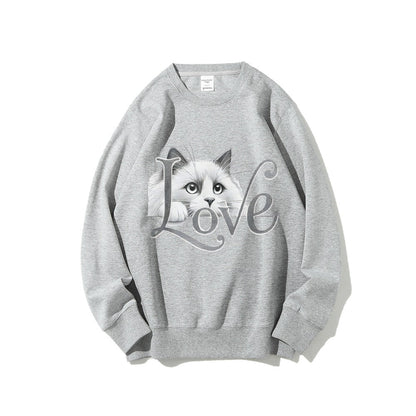 Damen Sweatshirt Katzenmotiv Lässig Grau Eveloria
