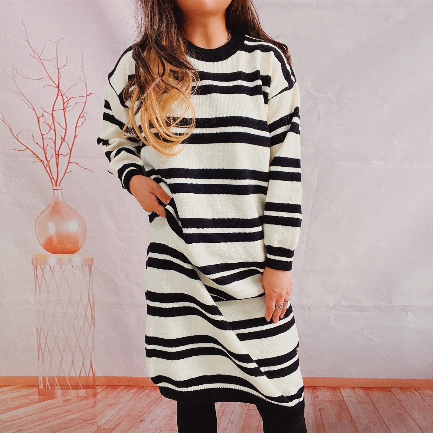 Damen Strickkleid mit Streifenmuster Lässig Eveloria