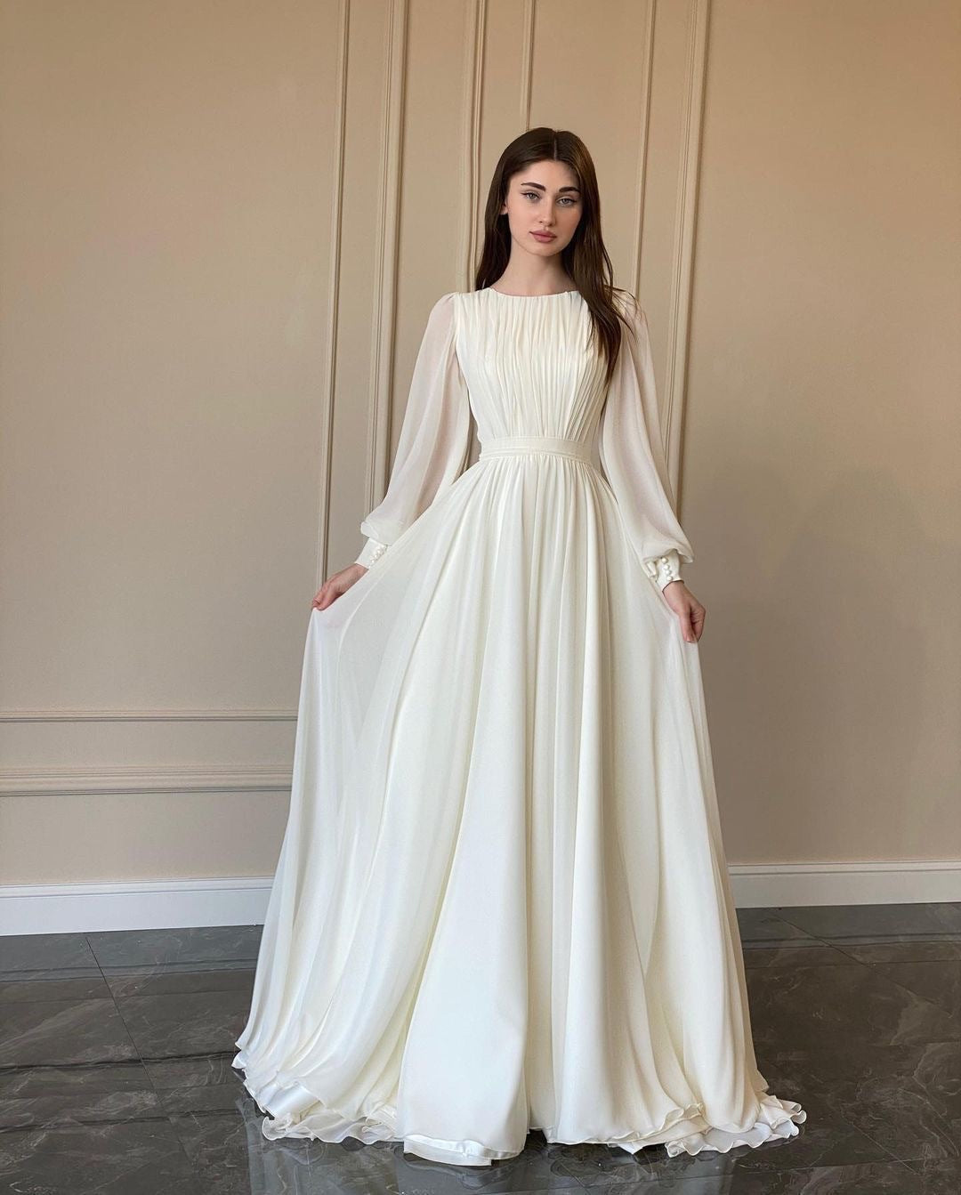 Damen Maxikleid Gerafftes Oberteil Länge Lang Ärmel Eveloria