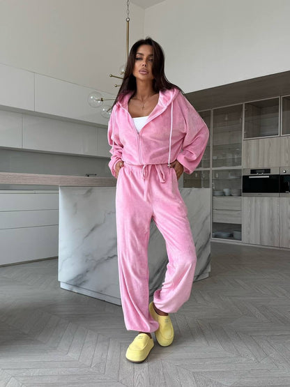 Damen Fleece-Loungewear-Set mit Kapuze Elastisch Beige