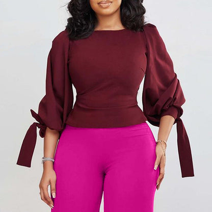 Damen Bluse mit Taillenband Puffärmel Blümchenmuster